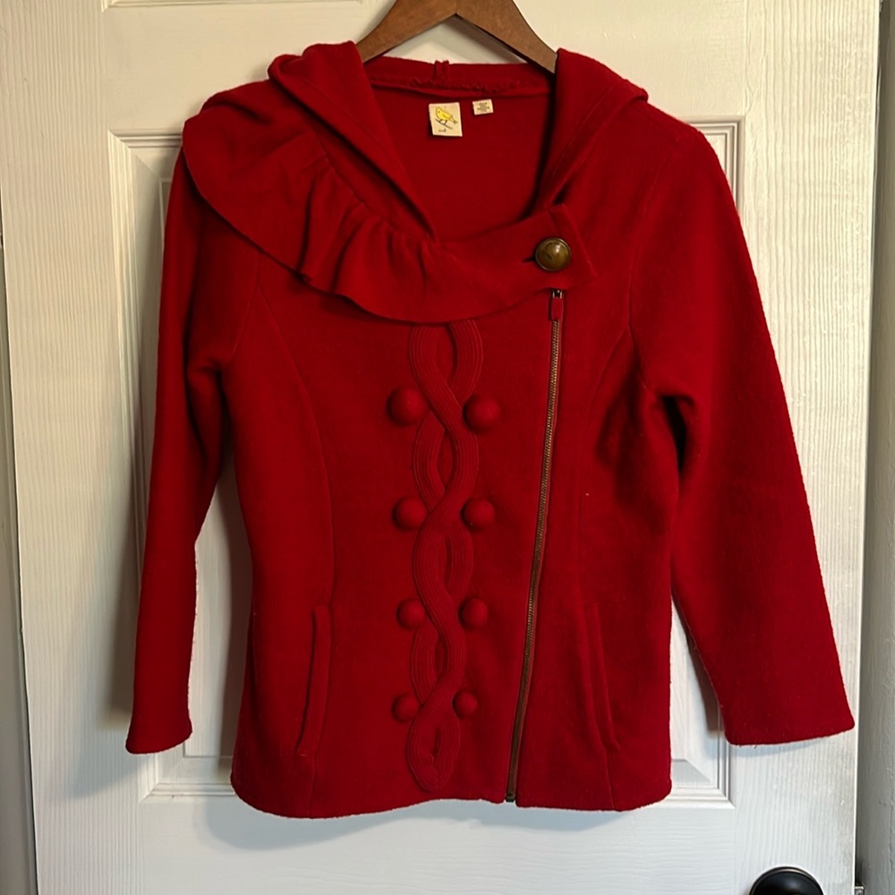 Anthropology Yellow Bird red hooded wool sweater jacket, size small.